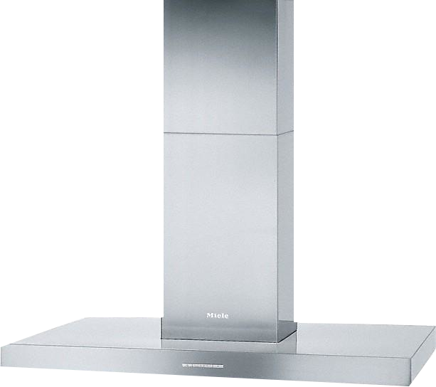 Edelstahl Miele Dunstabzugshaube mit rechteckiger Basis und Kamin.