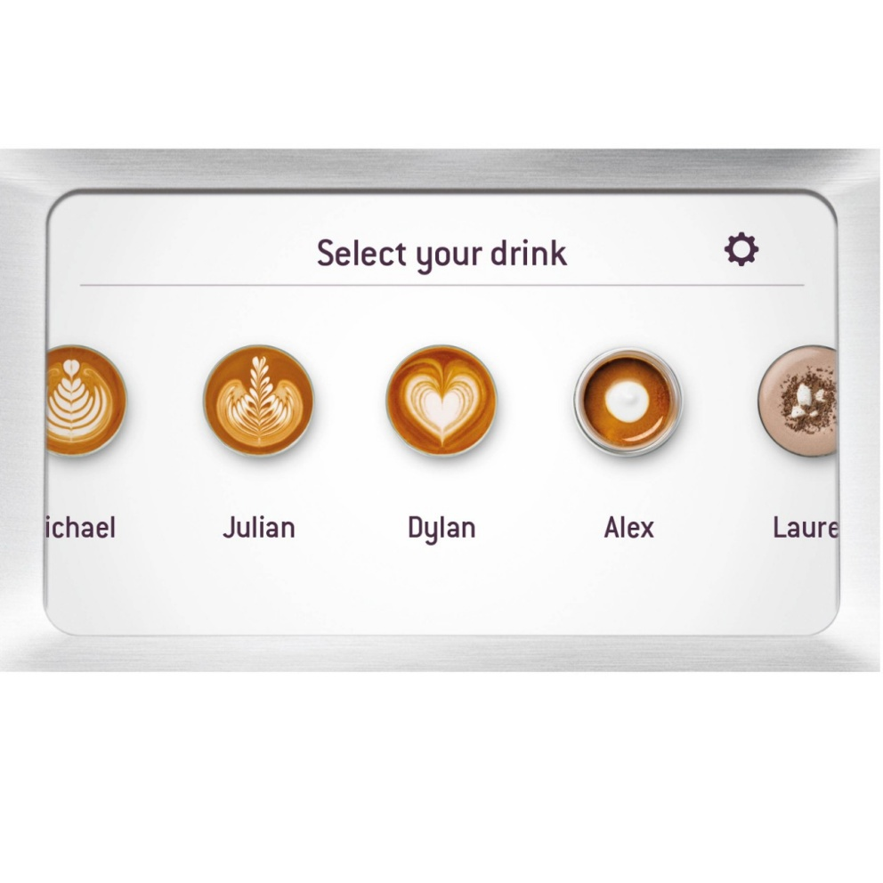 Ein Kaffeeautomaten-Display zeigt Getränkeoptionen mit den Namen 'Michael', 'Julian', 'Dylan', 'Alex' und 'Laure'.