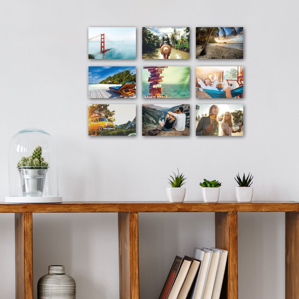 Eine Wand mit neun gerahmten Fotos, darunter ein Regal und eine dekorative Pflanze.