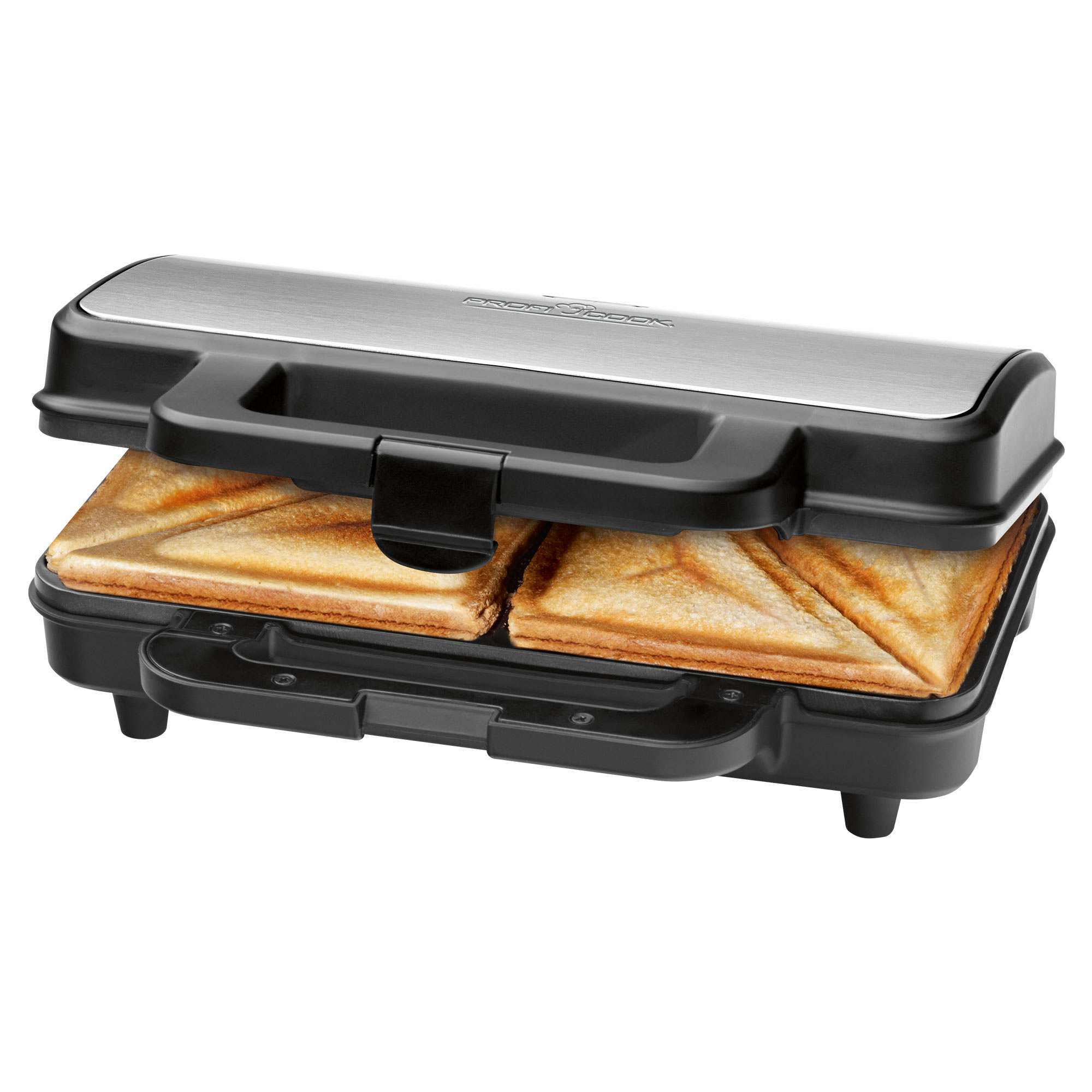 Sandwichmaker mit zwei Sandwiches. Schwarz und Silber, geöffnet.