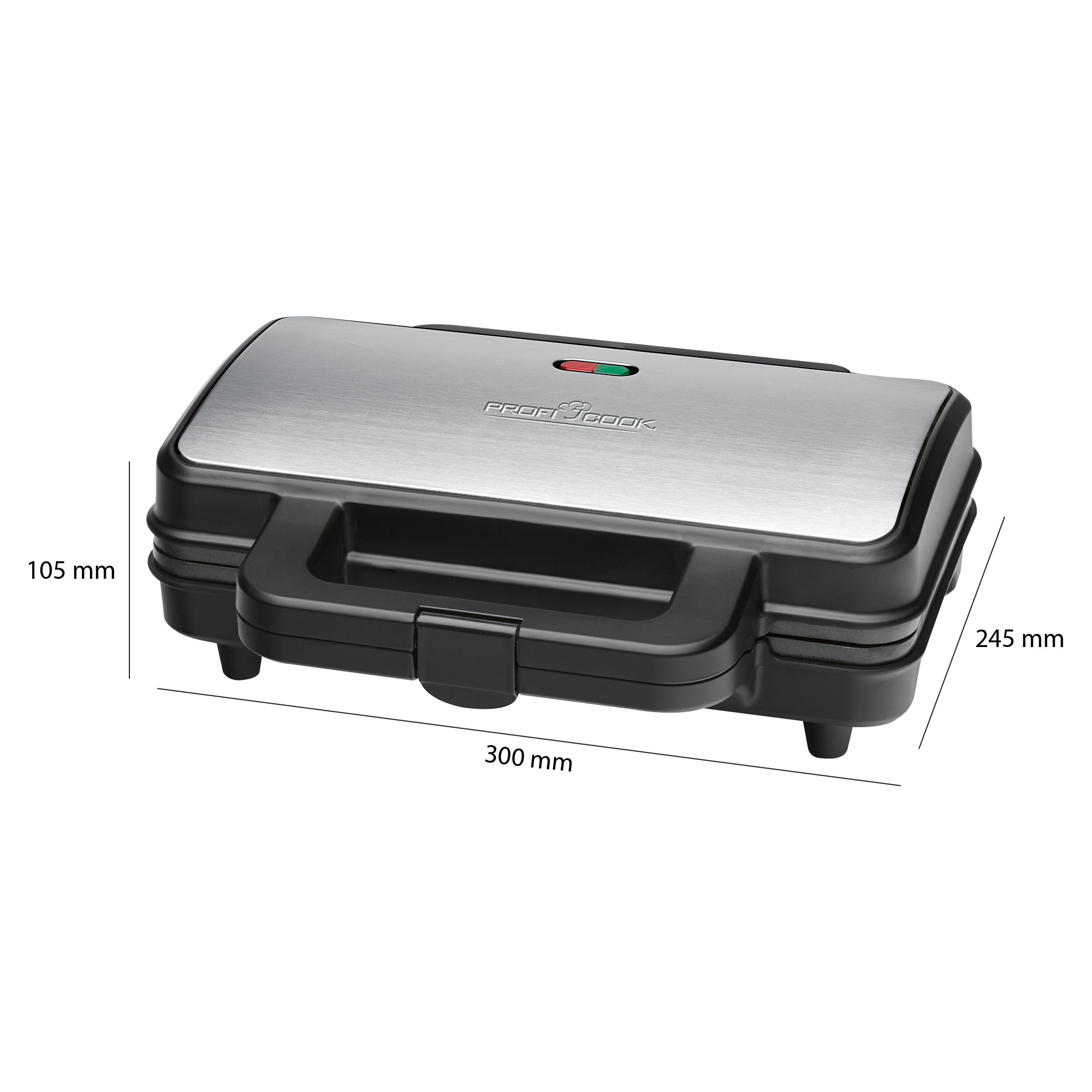 Ein schwarzer und silberner ProfiCook Sandwichmaker. Die Abmessungen sind 300mm x 245mm x 105mm.