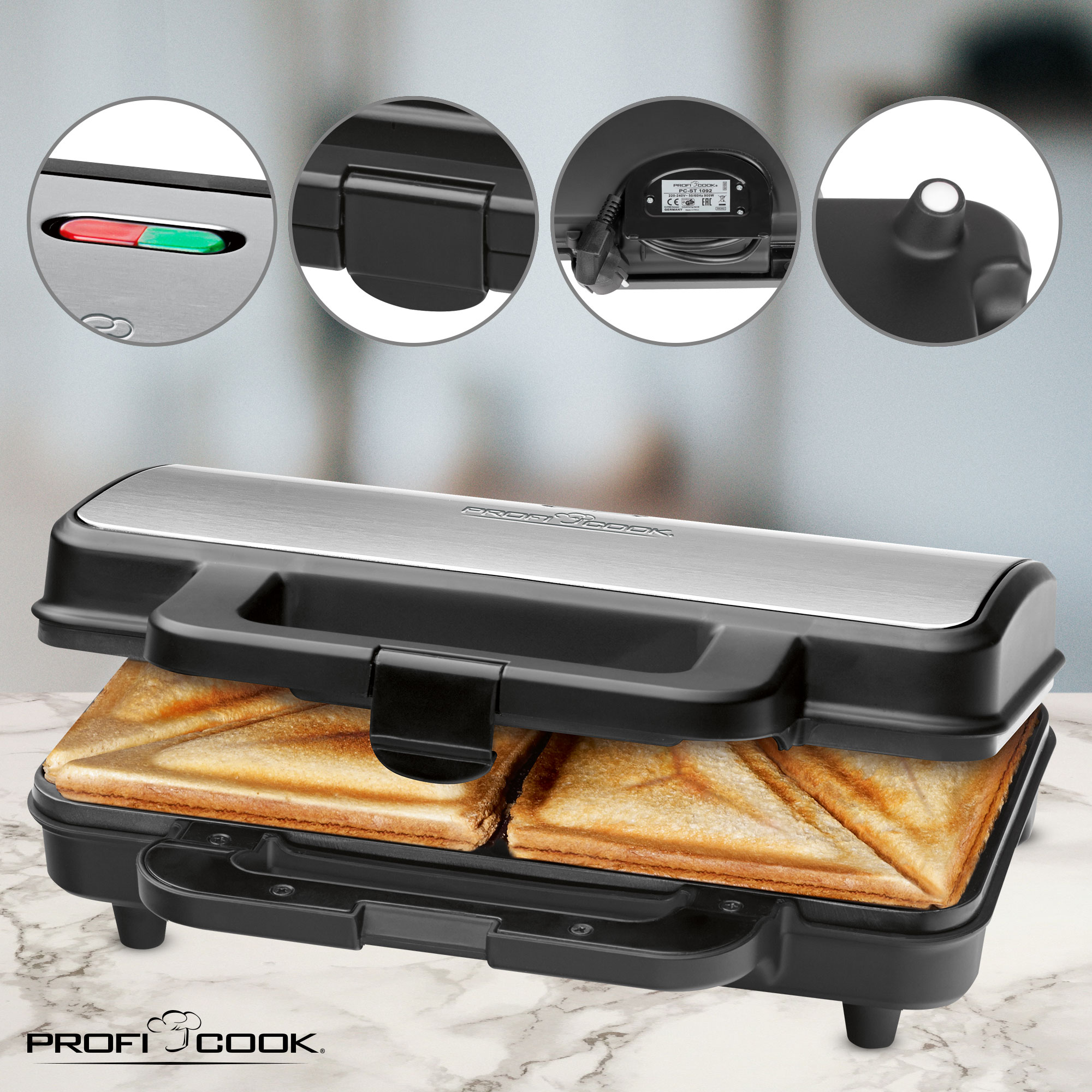 Sandwichmaker mit vier kreisförmigen Bildern drumherum und getoasteten Sandwiches drin.