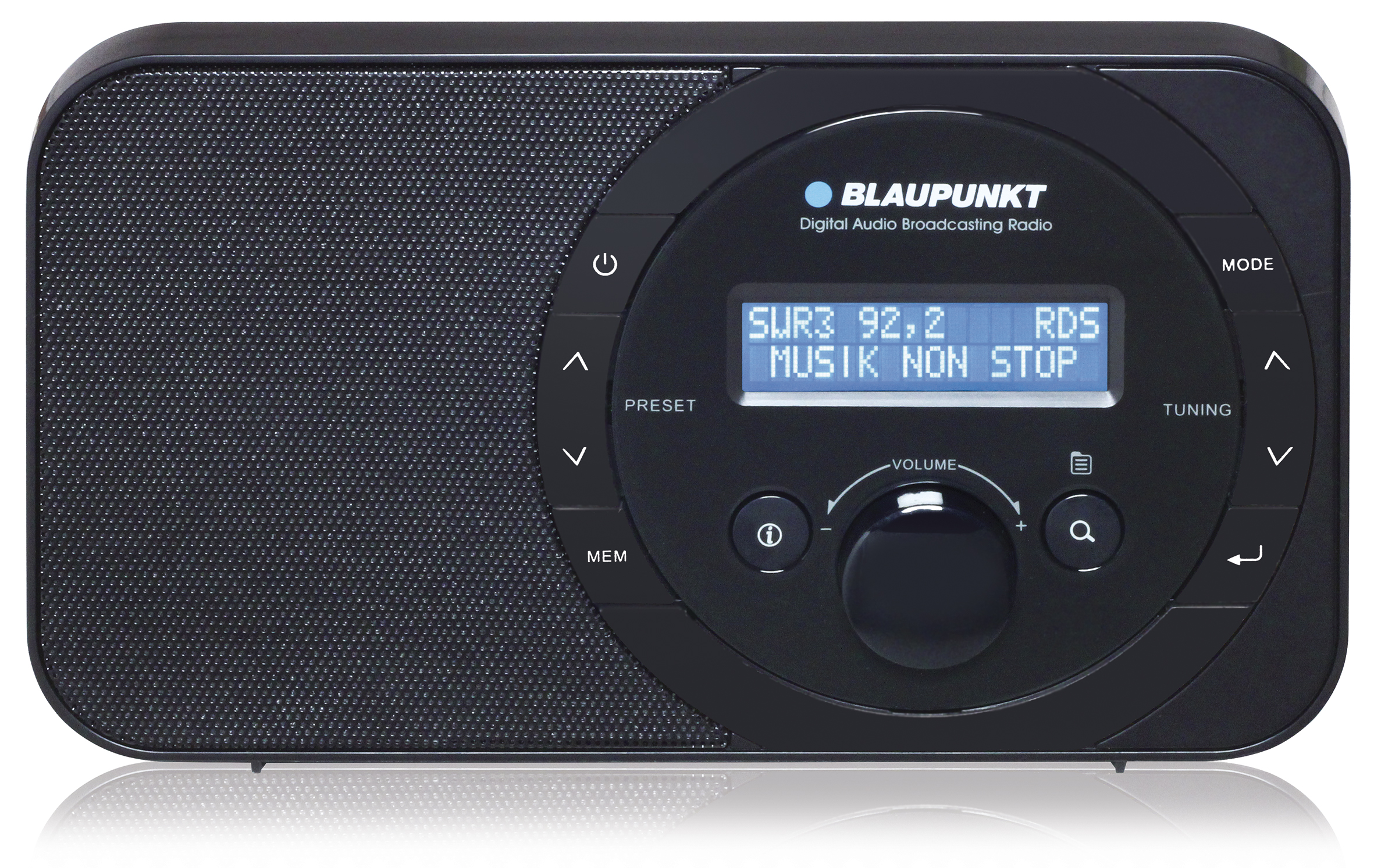Schwarzes Blaupunkt-Radio. Der Bildschirm zeigt Senderinformationen. Verschiedene Bedientasten.