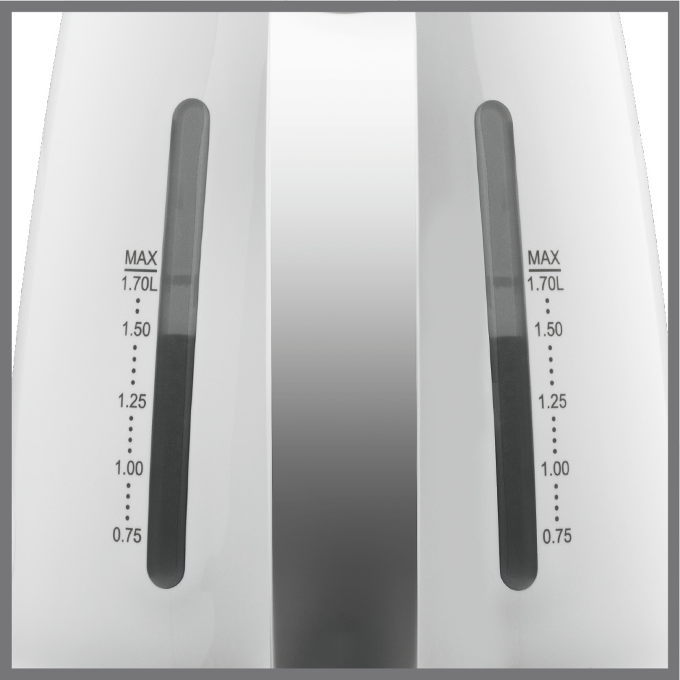 Nahaufnahme eines weißen Wasserkochers mit Wasserstandsanzeigen.