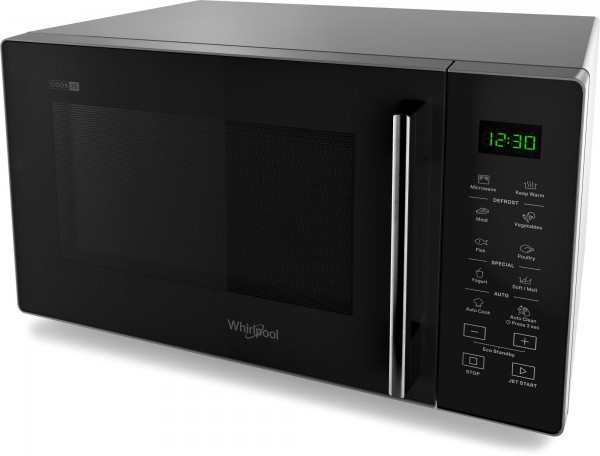 Un four à micro-ondes noir avec un affichage numérique indiquant '12:30' et des boutons de commande à droite.