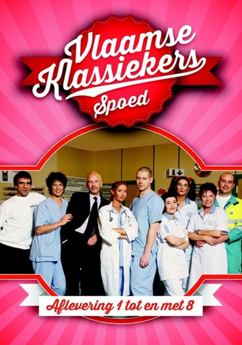 Affiche avec un groupe de personnes en tenues médicales. En haut, il est écrit 'Vlaamse Klassiekers Spoed'.