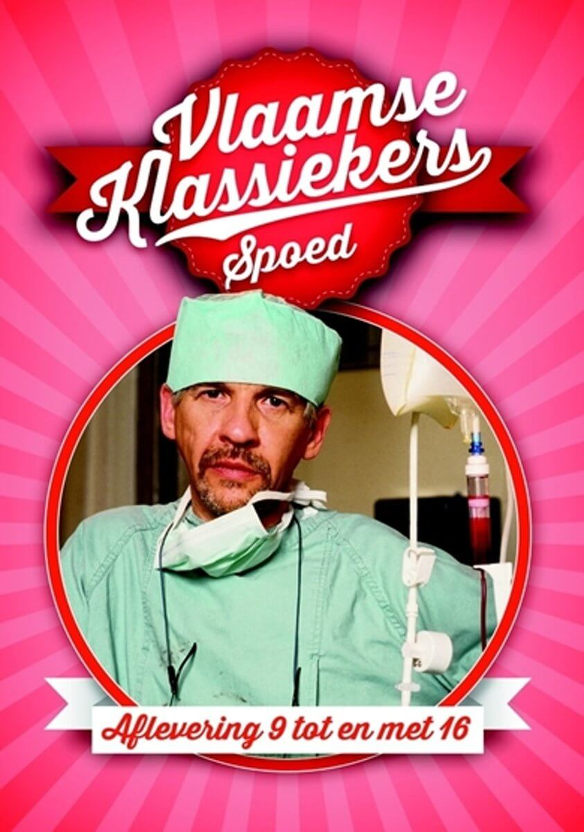 Poster met een dokter in een operatiekap en tekst, roze achtergrond.