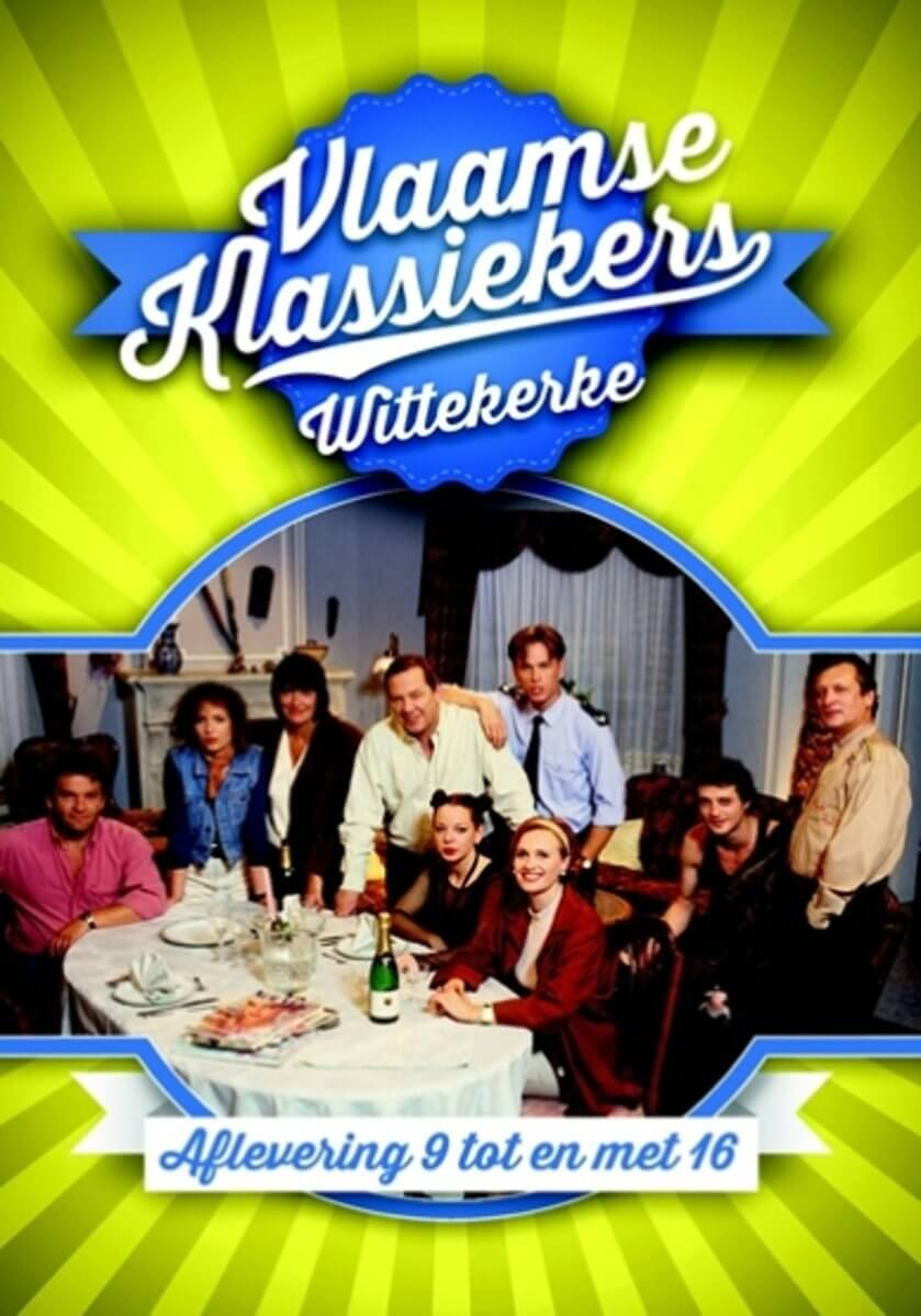 Een filmposter voor 'Vlaamse Klassiekers Wit-tekerke'. Groep mensen aan tafel, groen en gele achtergrond.