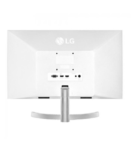 Un monitor LG blanco con la parte trasera hacia la cámara, mostrando puertos y soporte.