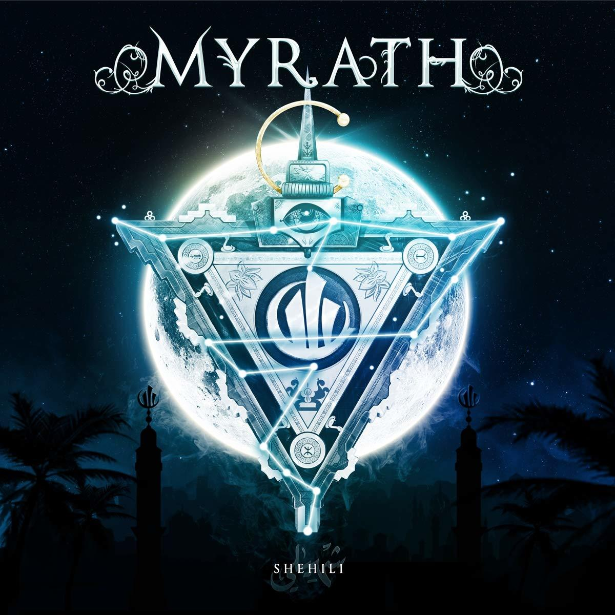 Albumcover mit stilisiertem Design, Dreieck, Mond und dem Wort MYRATH.