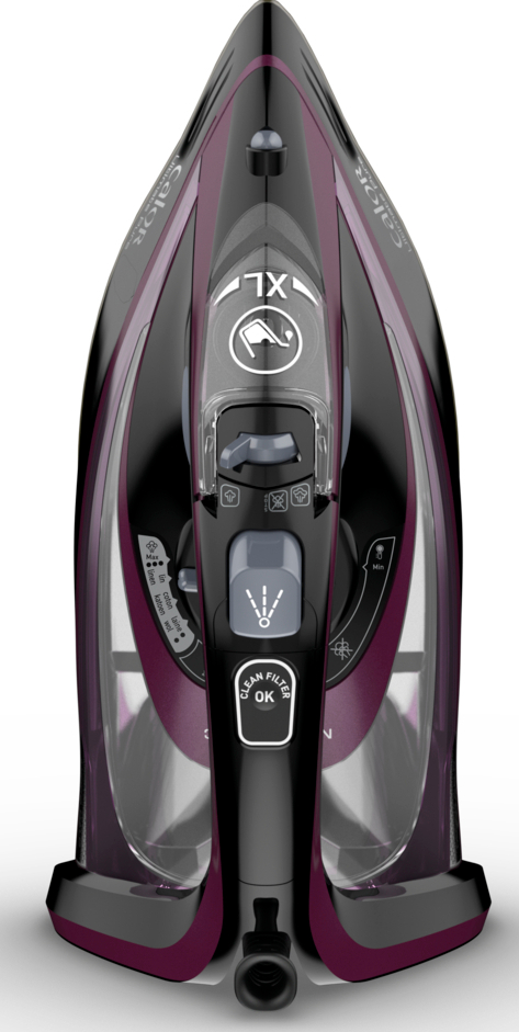 Black and purple iron with a water tank and control buttons.