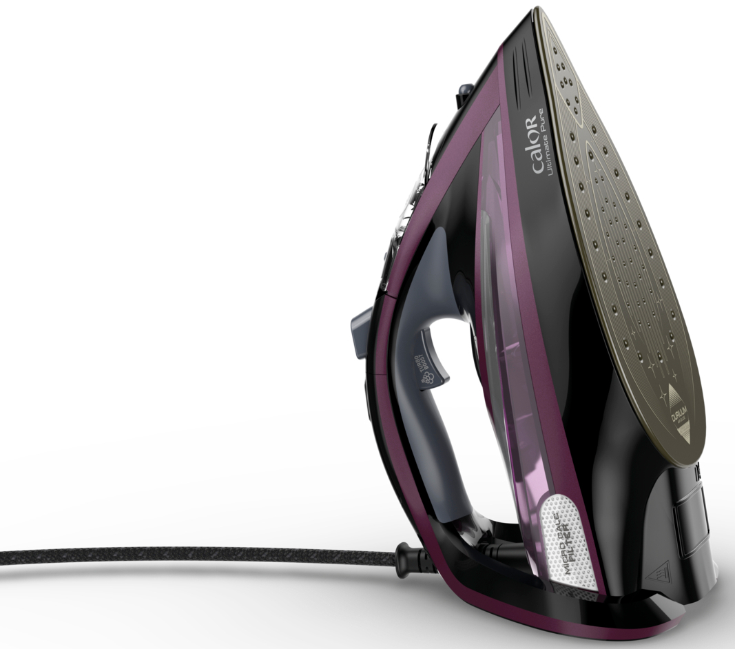 Black and purple iron on white background with curved handle and cord.