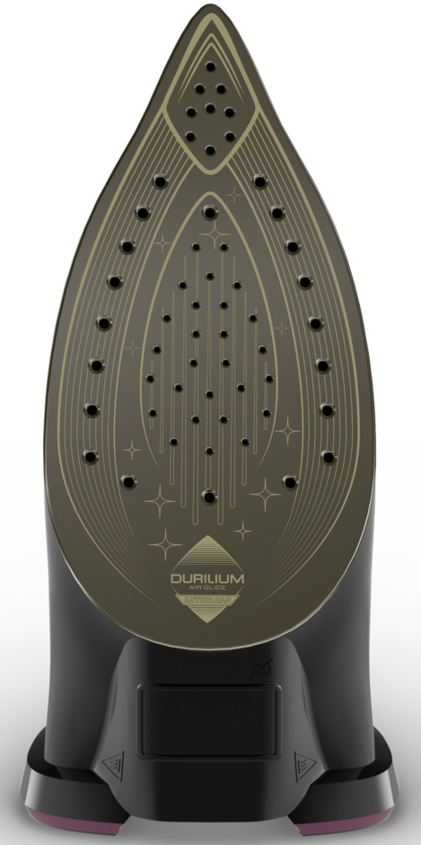 The soleplate of a black iron. It has many holes and a Durilium Airglide label.