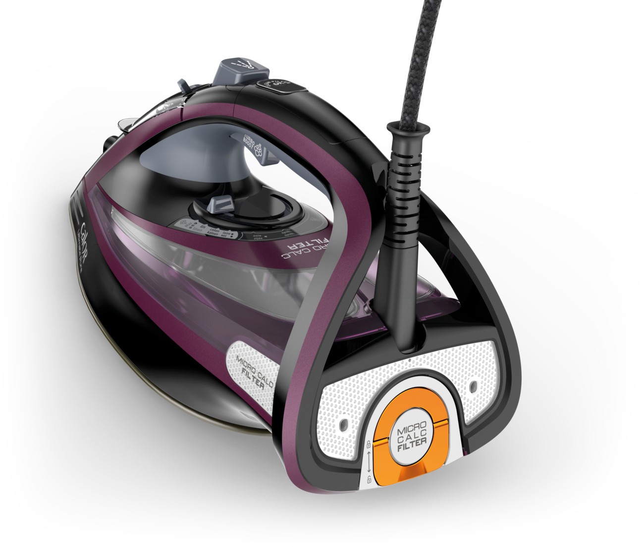 An iron with a purple accent and a black handle, with a white surface.