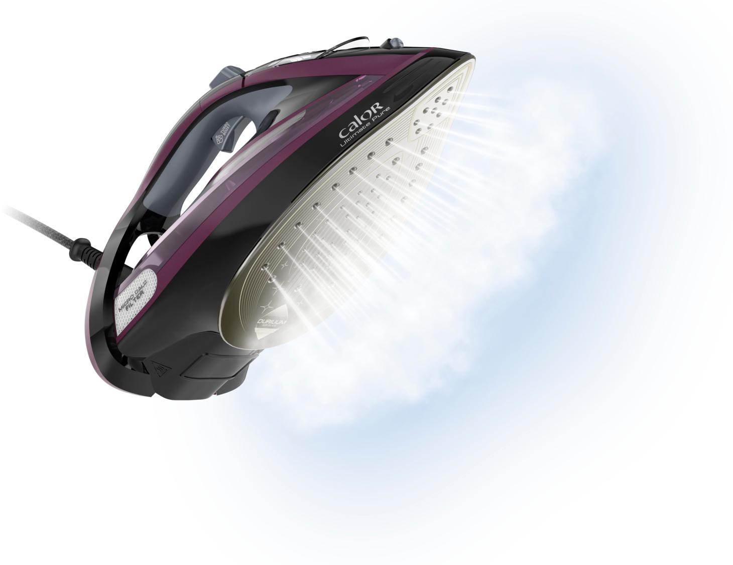 Calor iron in use, releasing steam. It's dark purple and black, with steam emanating to the right.
