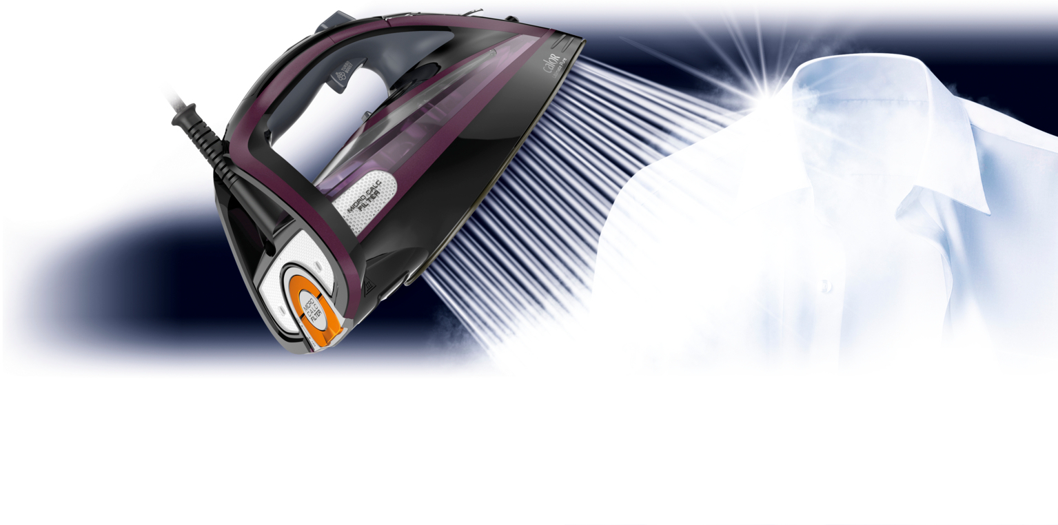 Iron steaming a white shirt. The iron is black and purple, and the shirt is bright.