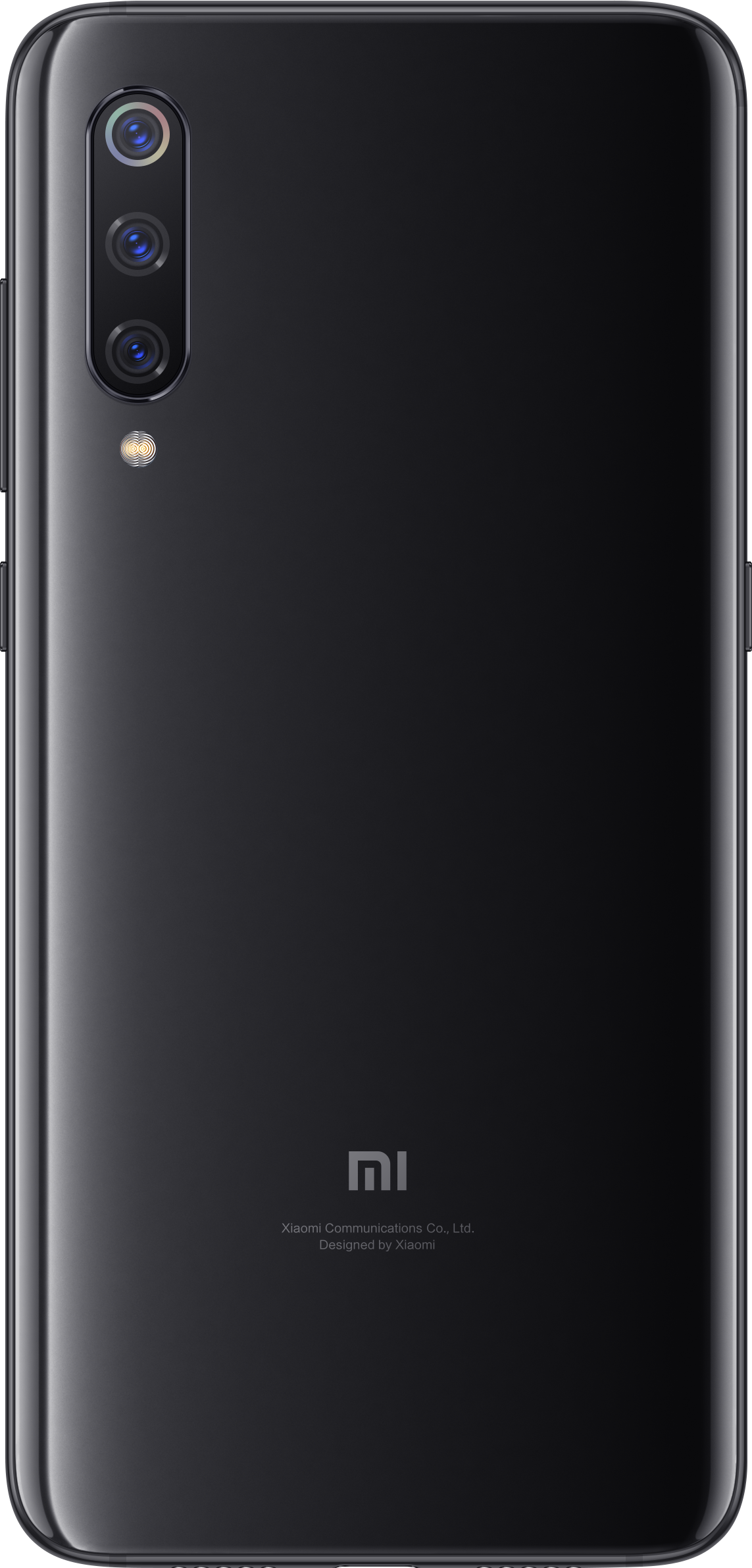 Die Rückseite eines schwarzen Xiaomi-Telefons mit drei Kameras und dem Xiaomi-Logo.
