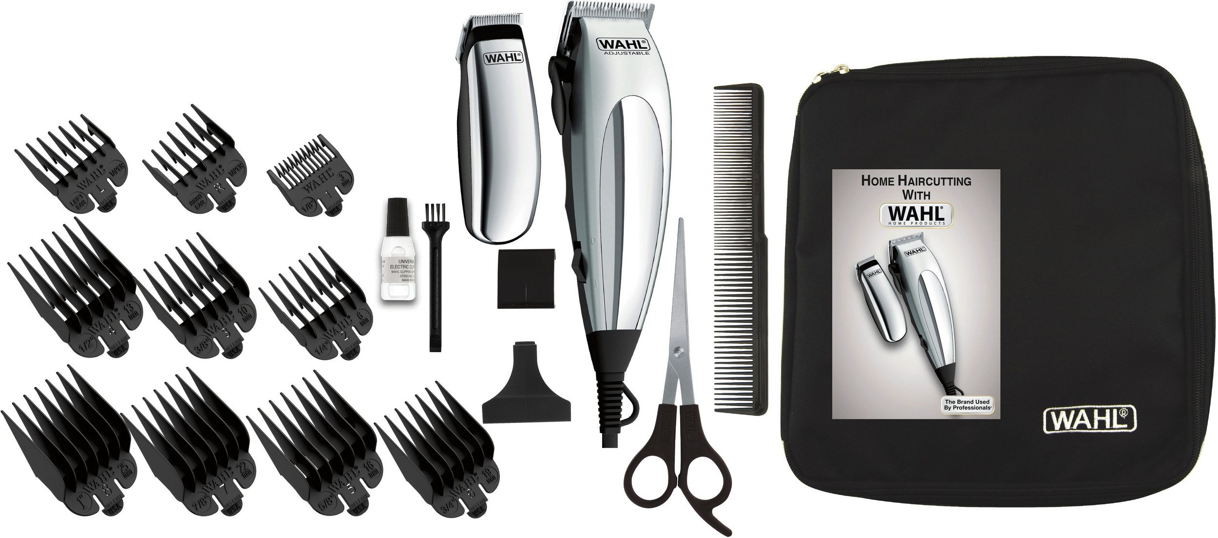 Kit de corte de cabello Wahl con dos cortadoras, peines guía, peine, tijeras, aceite y estuche.