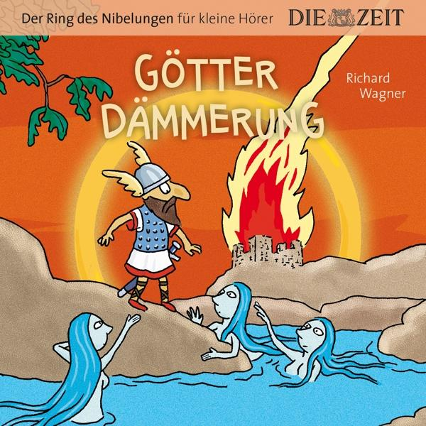 Illustration einer mythologischen Szene mit Figuren, Feuer und einer Burg, leuchtende Farben.