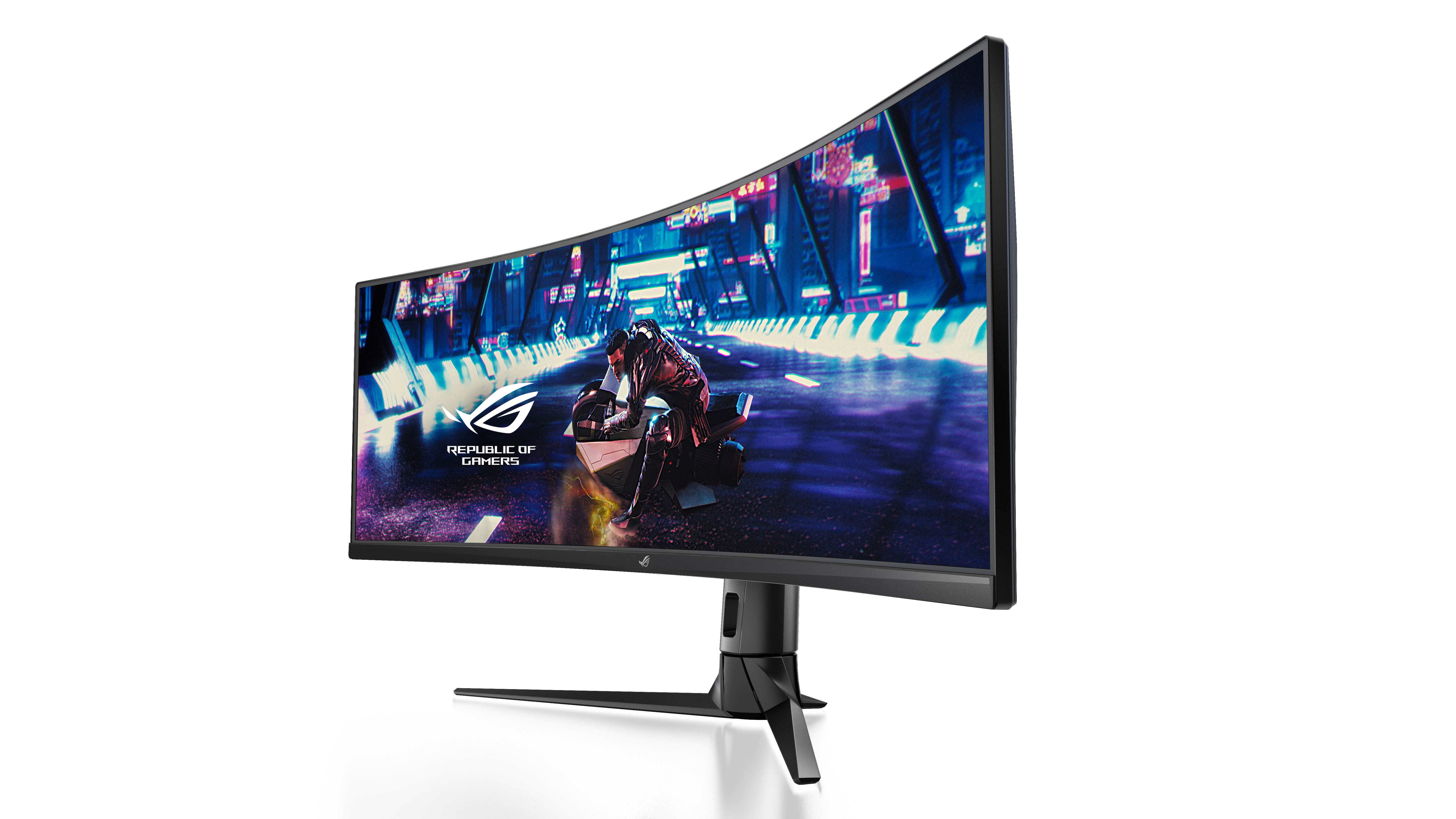 Gebogener Monitor mit Spielszene. Schwarzer Ständer, silberne Einfassung und ROG-Logo. Weißer Hintergrund.