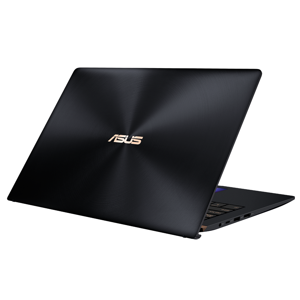 Ein schwarzer ASUS-Laptop vor schwarzem Hintergrund mit gebürstetem Metalldeckel und goldenem Logo.