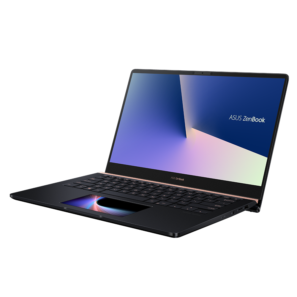 Ein ASUS ZenBook Laptop mit schwarzem Gehäuse und beleuchtetem Touchpad vor schwarzem Hintergrund.