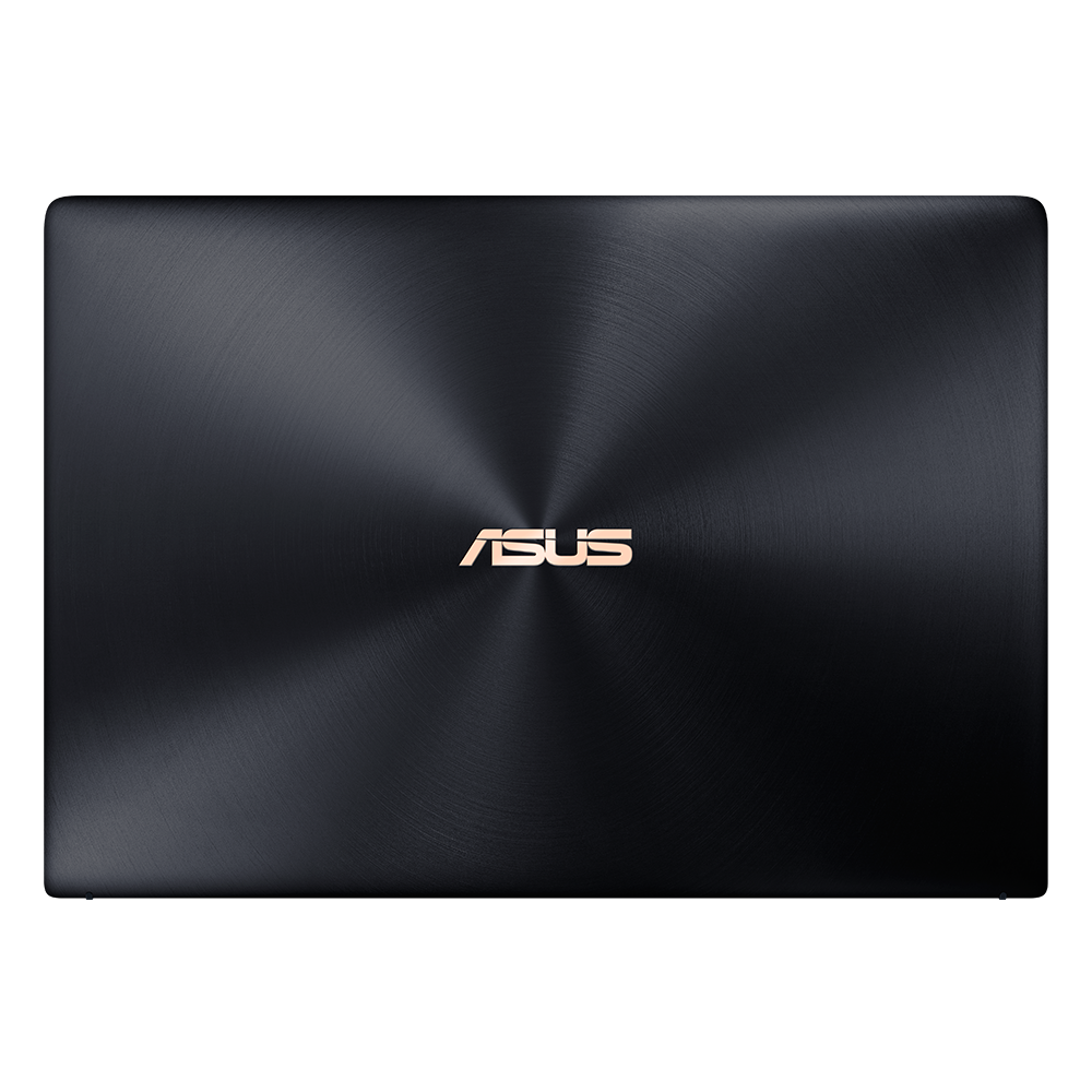 Schwarze Asus-Laptop-Rückseite mit roségoldenem Logo auf dunklem Hintergrund.