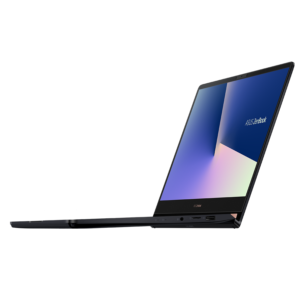 Ein schwarzer ASUS ZenBook Laptop wird seitlich vor dunklem Hintergrund gezeigt, mit einer lebendigen blauen Tapete.
