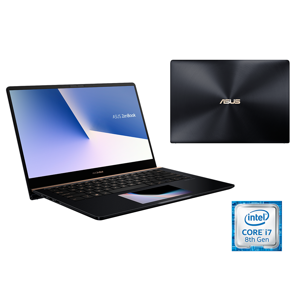 Ein schwarzer Asus ZenBook Laptop mit beleuchtetem Touchpad und Intel Core i7 Logo auf schwarzem Hintergrund.