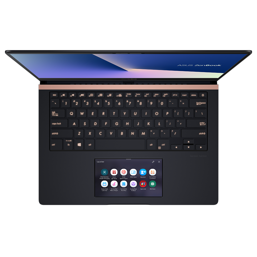 Ein schwarzer ASUS ZenBook Laptop mit beleuchteter Tastatur und einem kleinen Touchpad-Bildschirm.