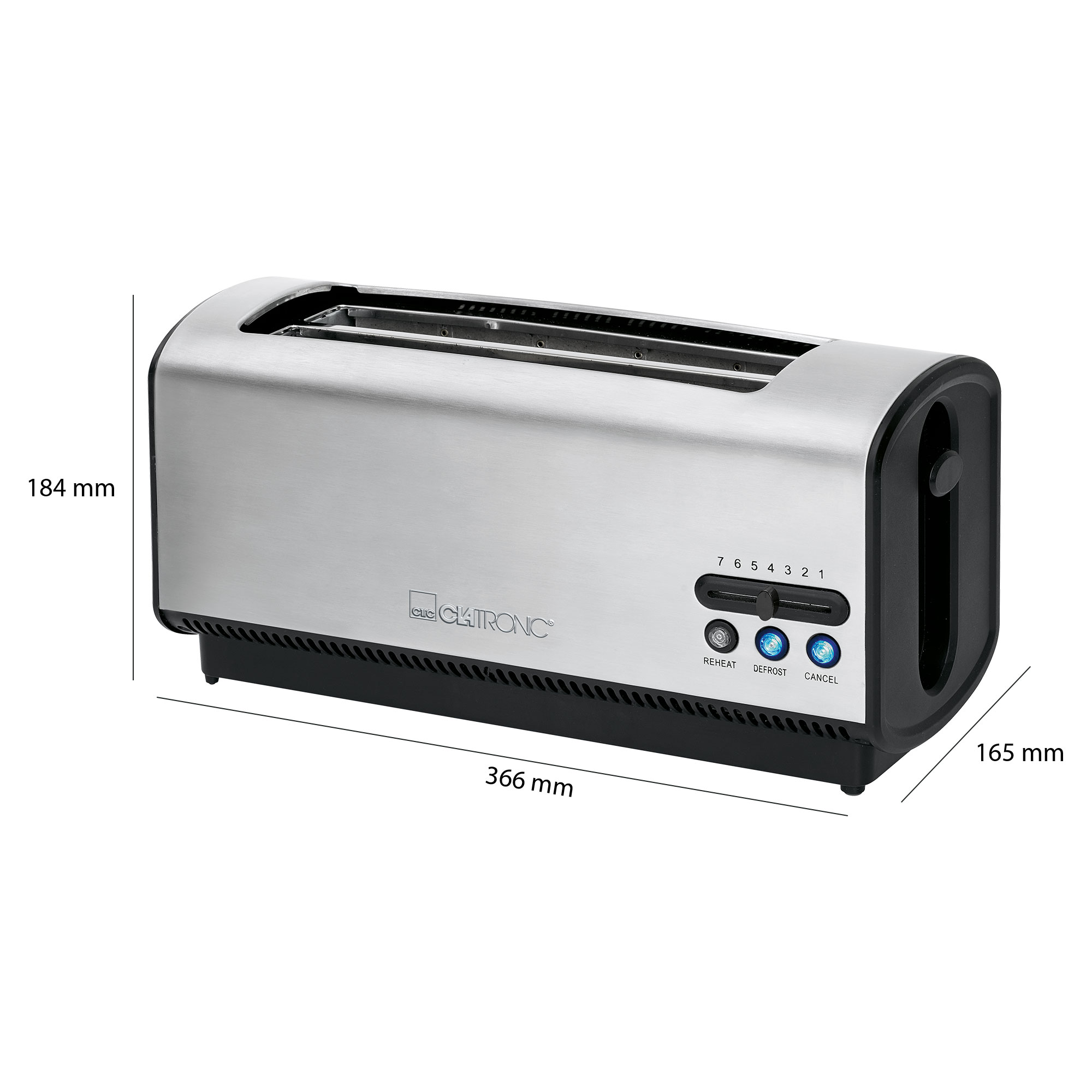 Ein silberner Toaster mit in Millimetern beschrifteten Abmessungen und der Marke Clatronic.