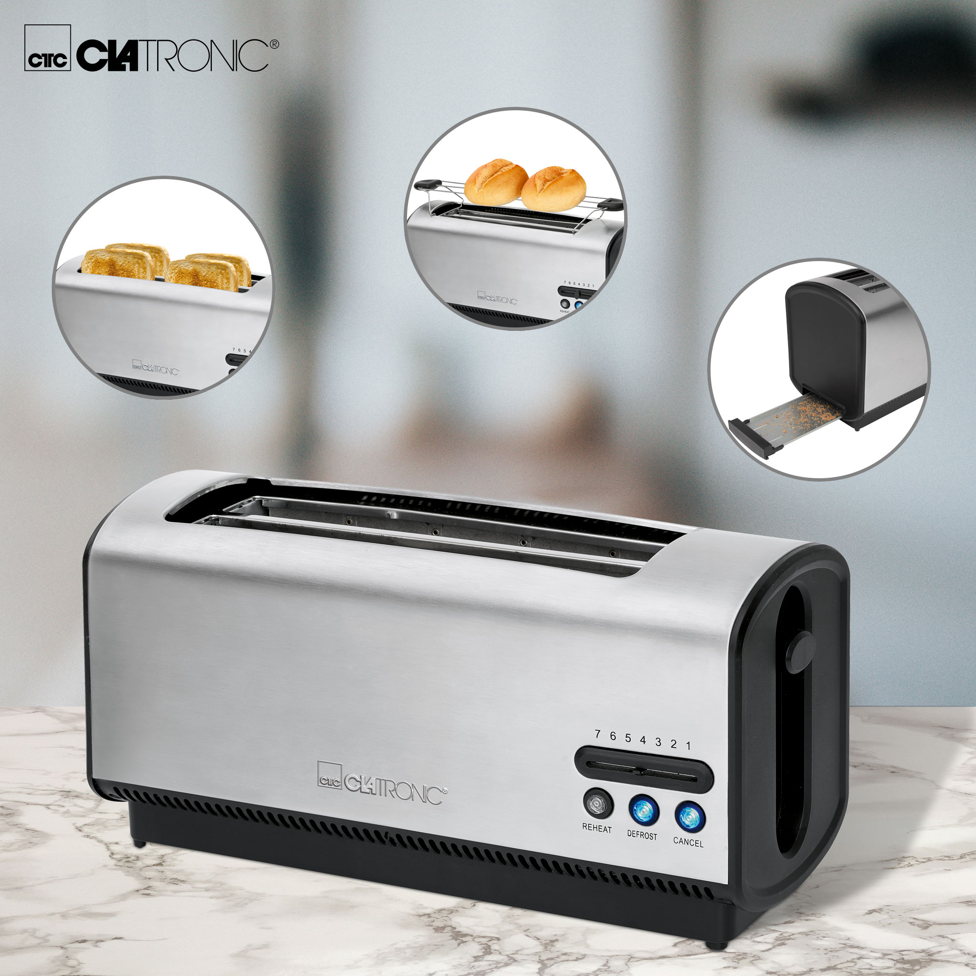 Clatronic Toaster, silber, mit drei inset Bildern, die Toaststufen und Details zeigen.