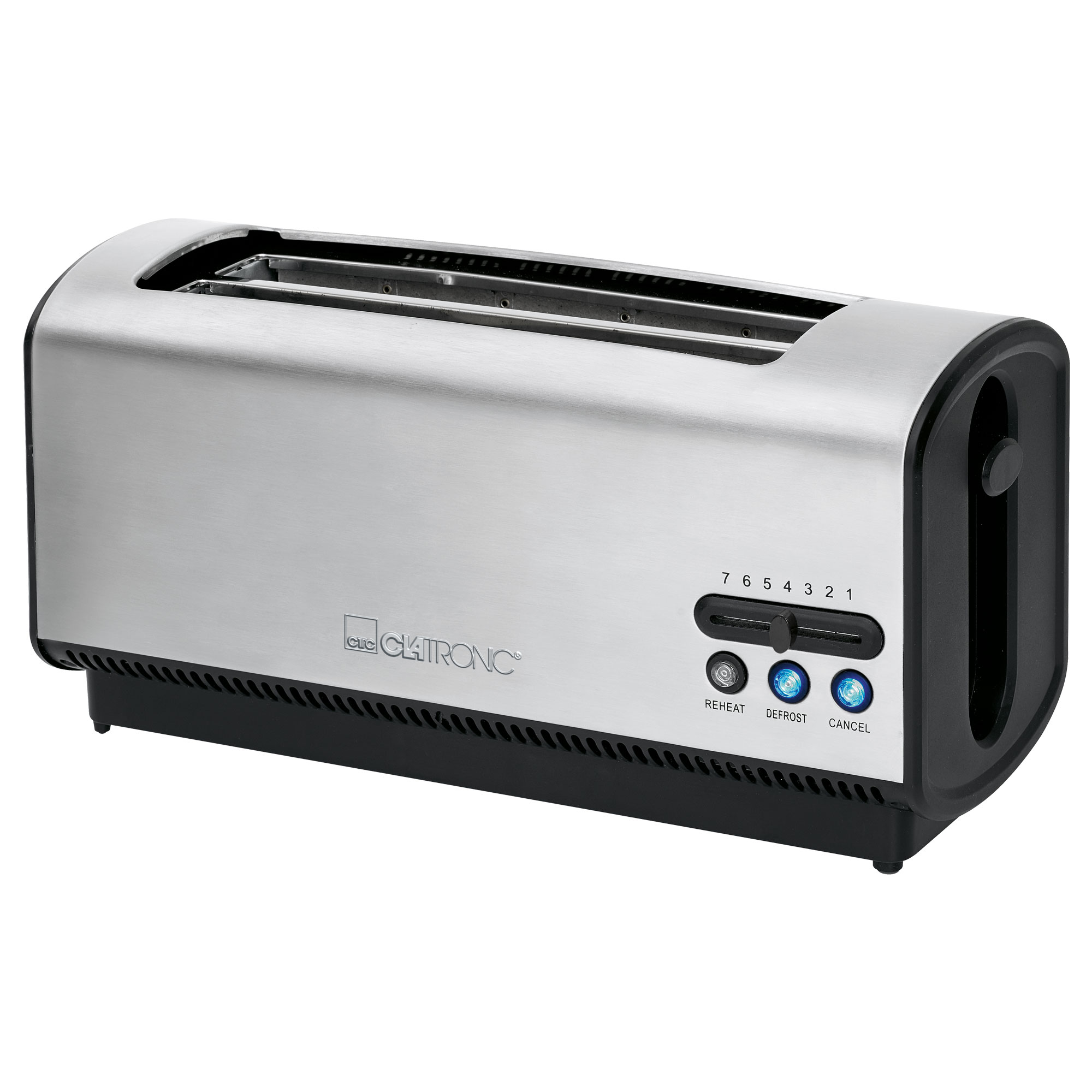Ein silber-schwarzer Toaster mit Bedienelementen und Einstellungen. Schlitze oben sichtbar.