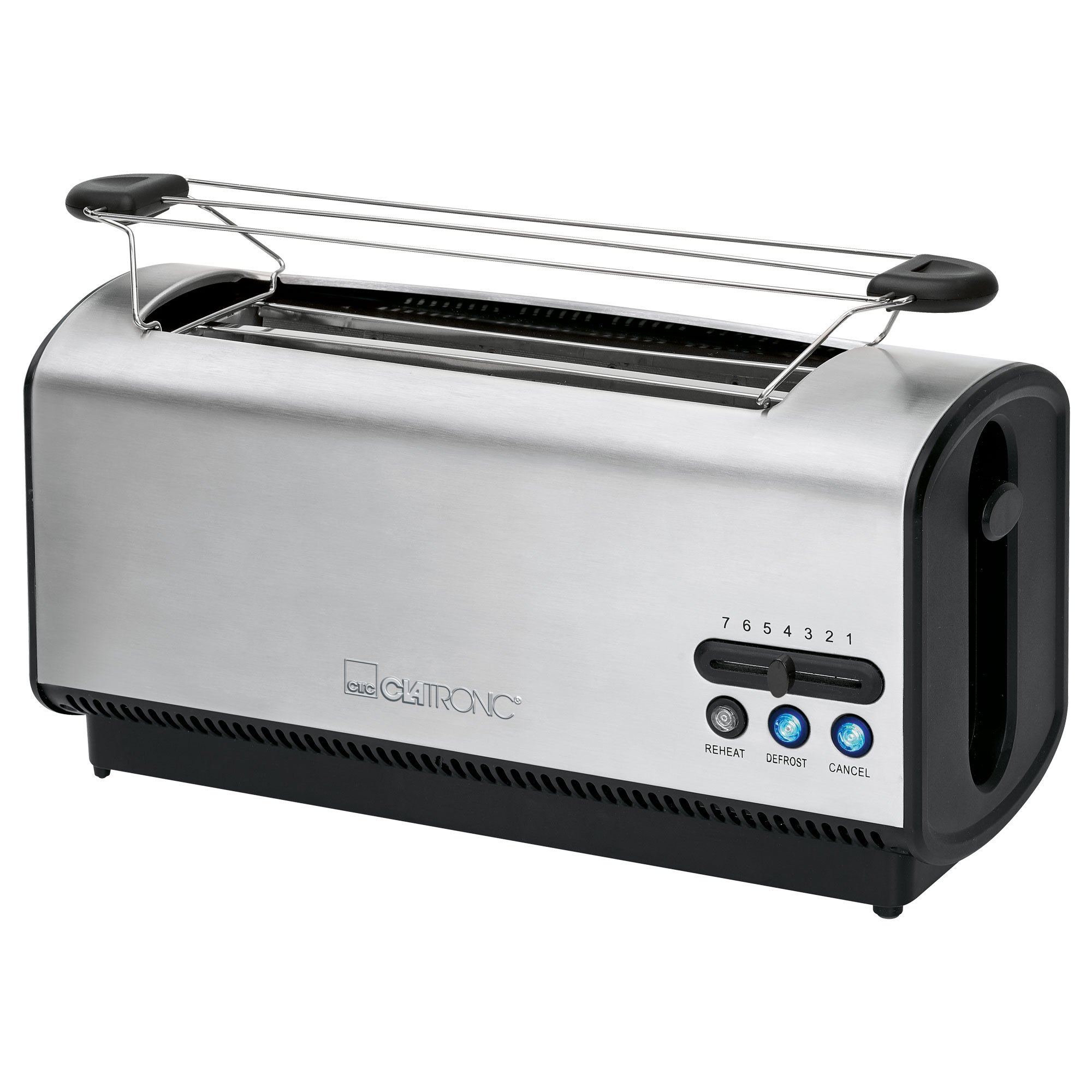 Ein Toaster aus Edelstahl mit schwarzem Sockel und Bedienelementen, mit Drahtgestell oben.