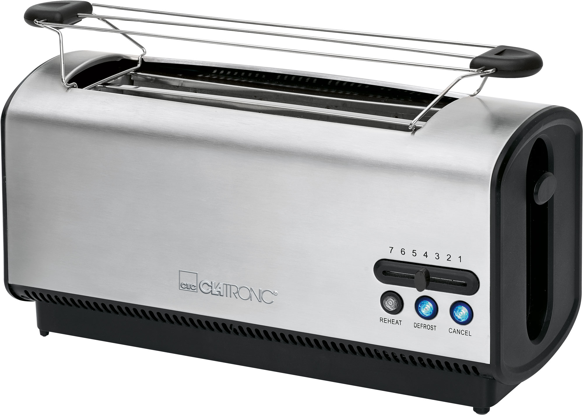 Silber-schwarzer Toaster mit Einstellrad und Knöpfen. Schwarzer Sockel.
