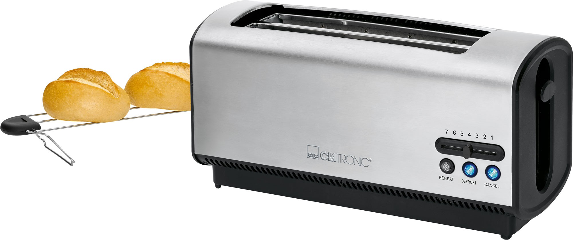 Silberner Toaster mit zwei Schlitzen, einem Brötchenwärmer und zwei gerösteten Brötchen.