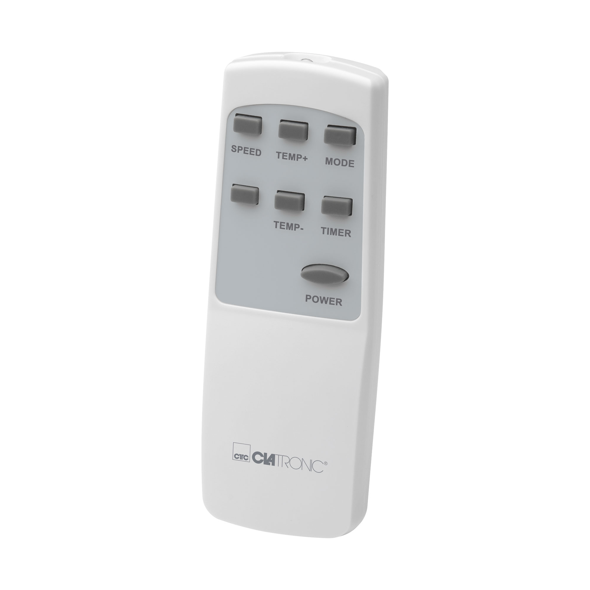 Eine weiße Fernbedienung mit den Tasten: Geschwindigkeit, Temp+, Modus, Temp-, Timer und Power. Die Marke ist Clatronic.
