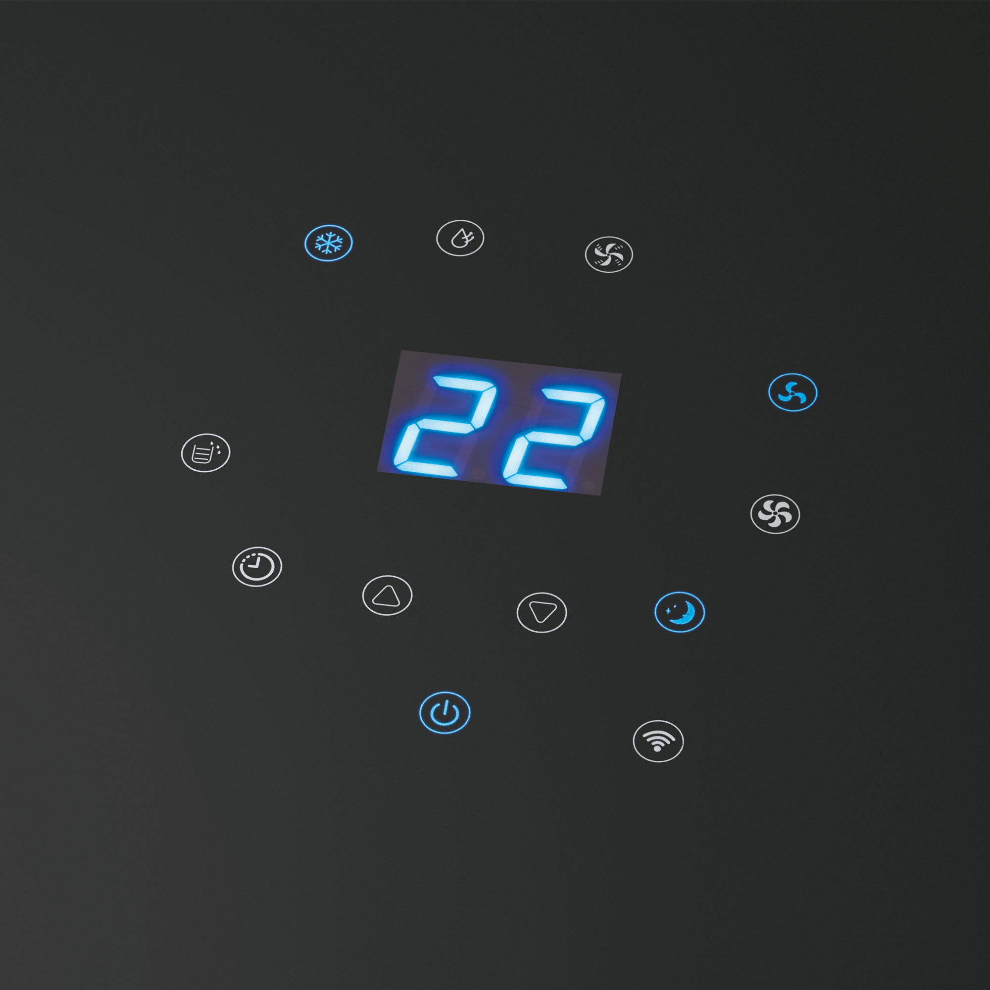 Schwarzes Bedienfeld mit blauer Anzeige '22'. Verschiedene Symbole für Funktionen wie Lüfter, Schneeflocke und Strom.