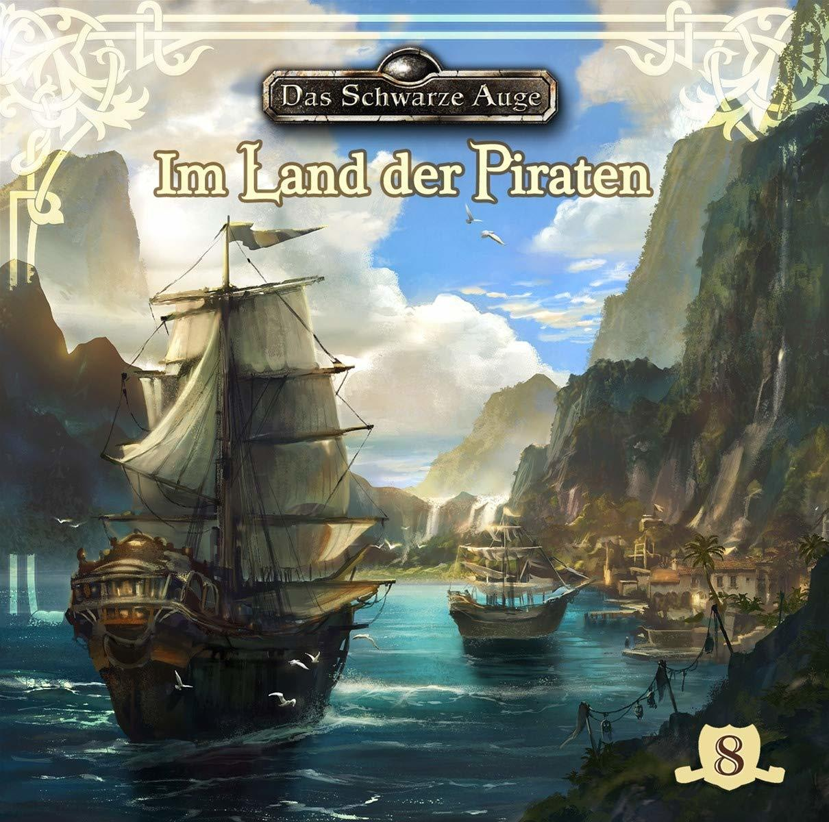 Fantasy-Kunst: Piratenschiffe auf dem Wasser. Titel: Im Land der Piraten. Berg- und Inselhintergrund. Vögel am Himmel.