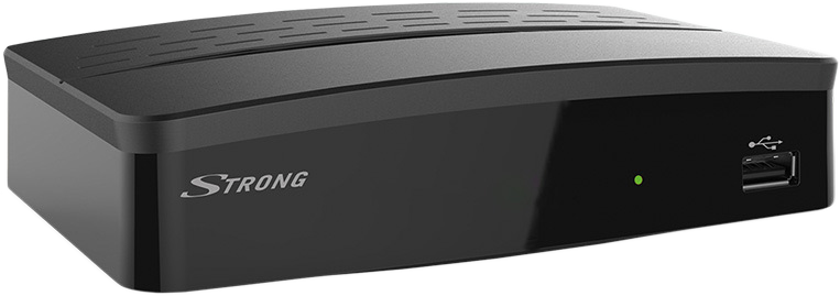 Fekete set-top box a "STRONG" márkával az oldalán, USB porttal és zöld fénnyel.