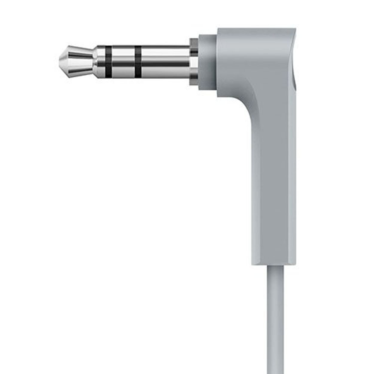 Grijze 3,5 mm audio jack. Gebogen in een rechte hoek. Geïsoleerd op een witte achtergrond.