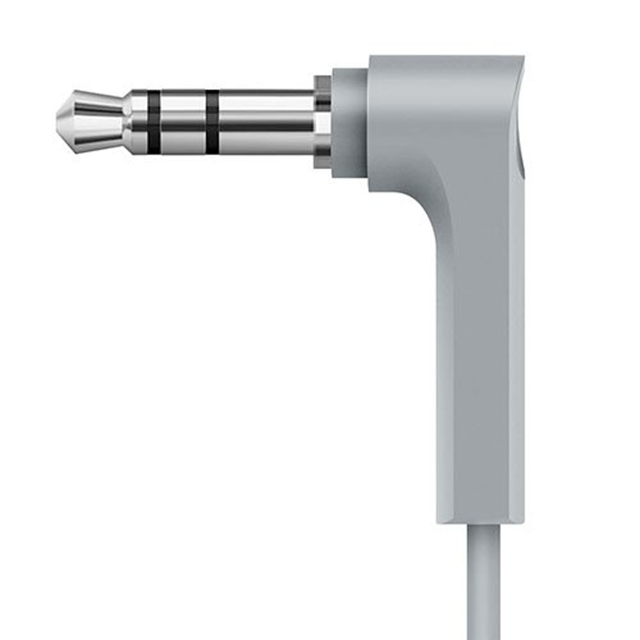 Een zilveren audio jack met een grijze hoekconnector en een kabel.