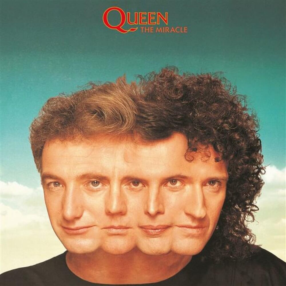 Queen albumhoes: gezichten samengevoegd, titel 'The Miracle'.