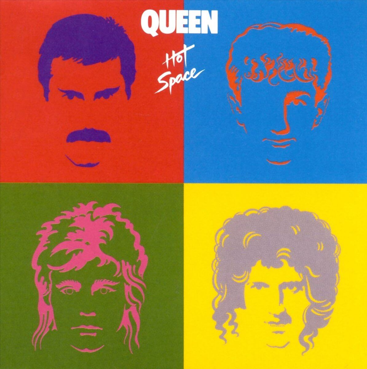 Pochette d'album avec un graphisme de Queen. Comprend quatre carrés colorés avec les visages des membres du groupe.