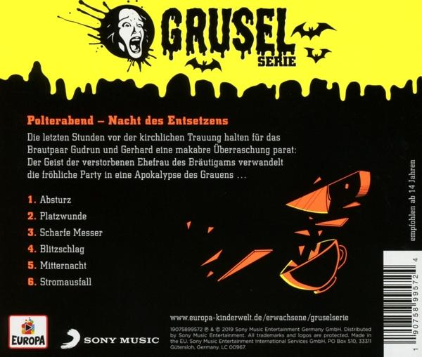 Albumcover mit Text und Grafiken. Gelber Hintergrund, schwarzer Text, orange und schwarze Bilder.