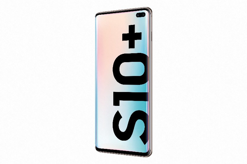 Un teléfono inteligente Samsung S10+ blanco e iridiscente con el texto "S10+".