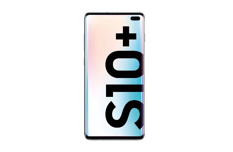Un smartphone con el texto 'S10+' en negro en la pantalla.