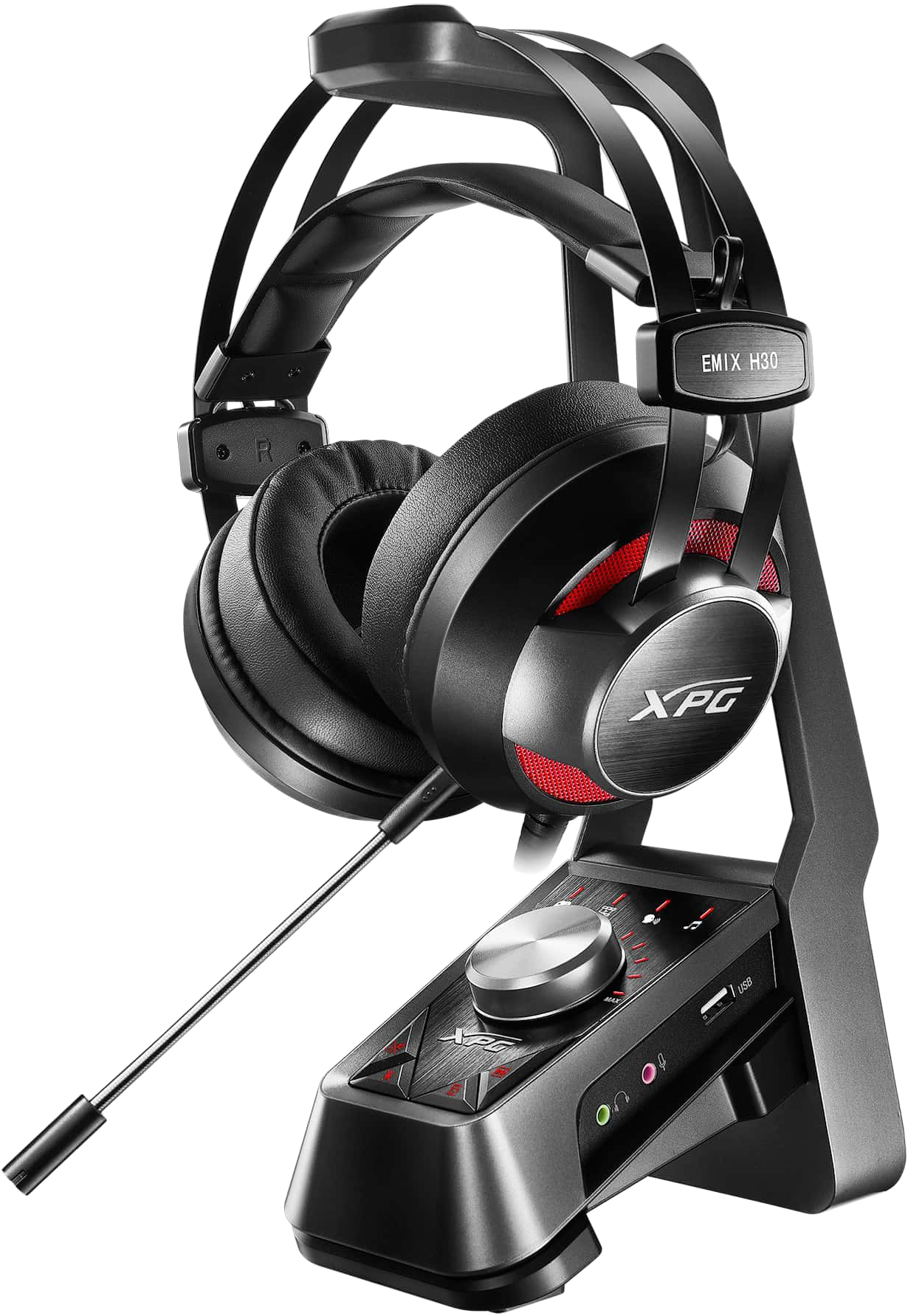Fekete XPG EMix H30 gaming headset állványon mikrofonnal. Piros díszítések a fülkagylókon és vezérlőpanel az alapon.