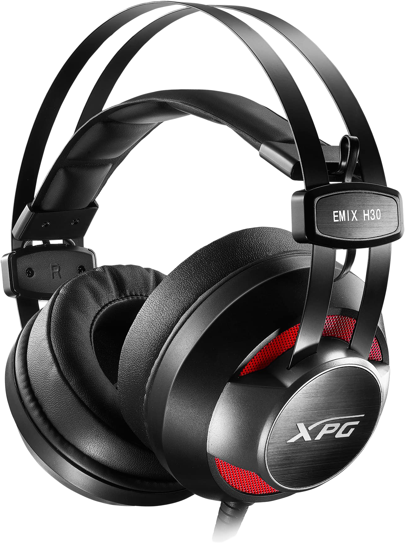 Fekete gamer fejhallgató piros díszítéssel. Látható az XPG logó. A fejhallgató fém pánttal és fülkagylókkal rendelkezik.