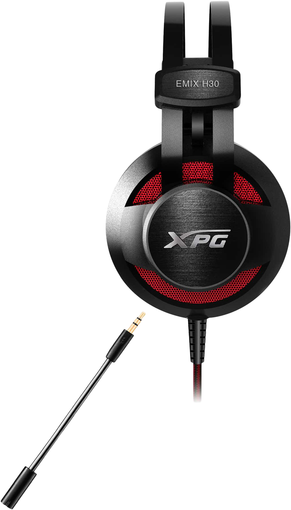 Fekete és piros gamer headset. A headset mikrofonnal és 3,5 mm-es audio jack csatlakozóval rendelkezik.